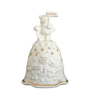 Ho Ho Ho Christmas Porcelain Bell with Bear, Snowmen, Gold Accents Holiday Decor